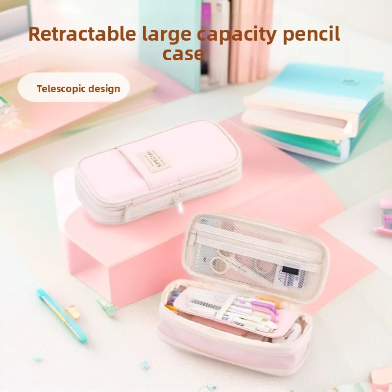 Pencil Case Large-capacity Macaron Color Matching Retractable Canvas Pencil Case Student Simple Stationery Storage Bag