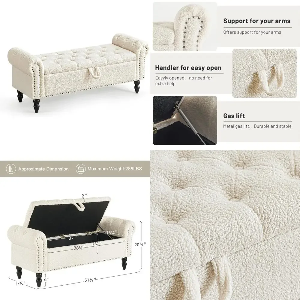 

Upholstered Storage Ottoman Bench with Solid Wood Legs, Modern Sherpa Fabric, End of Bed Furniture