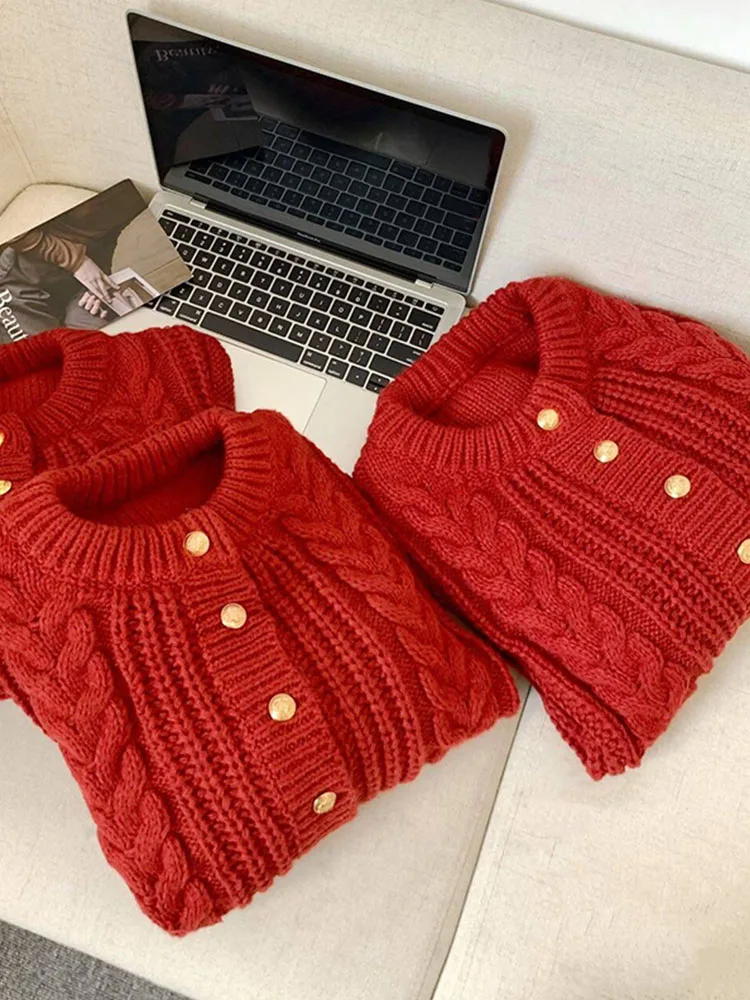 Harajuku O-Neck Red Cardigans Single Breasted Cozy Sweater Knitted Outerwear Long Sleeve Casual Jumper KoreanY2k Autumn Winter