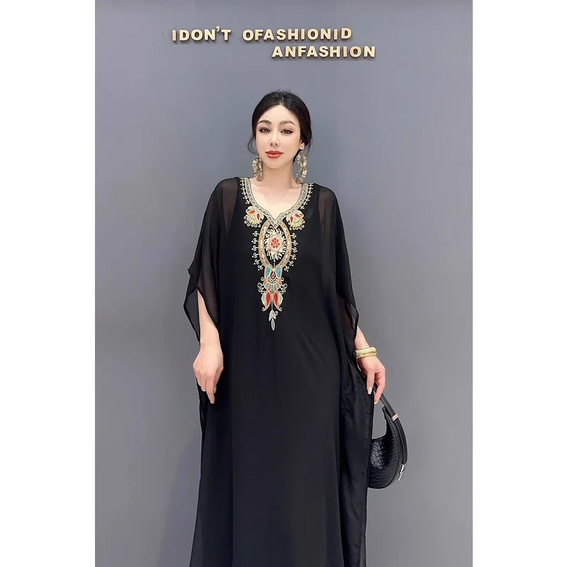 

2pcs set Summer Kaftan Terengganu Black Chiffon Dress Embroidery Splicing Loose European Version Large Dress Beach Holiday Dress