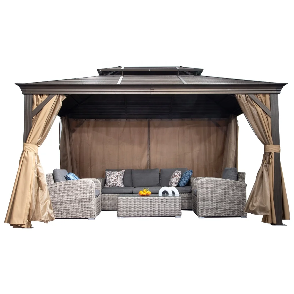 Steel Frame Gazebo Outdoor 4x4 Backyard Hardtop Iron 3x3 Gazebo Privacy Curtains Netting