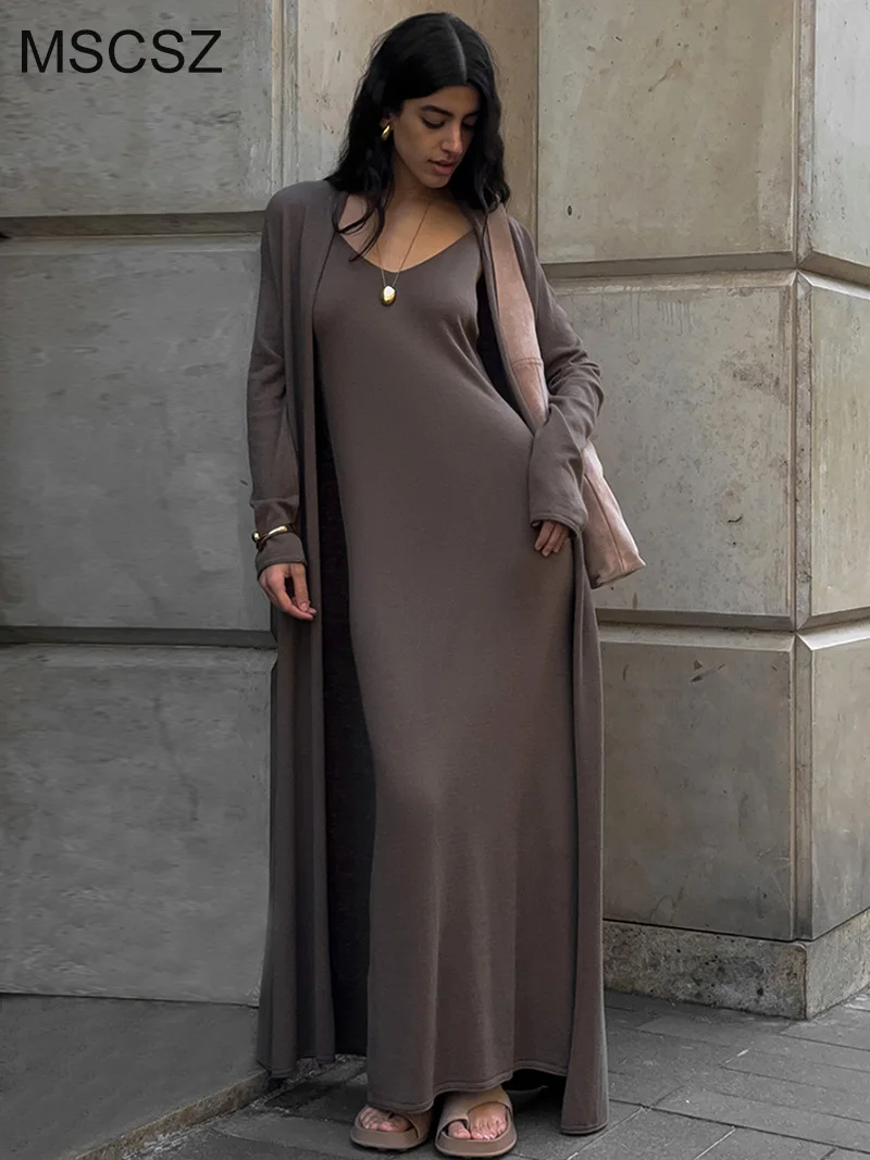 

MSCSZ вязаное длинное платье и кардиган, комплекты из 2 предметов, женский наряд, осенне-зимний длинный кардиган с платьем, одинаковые комплекты