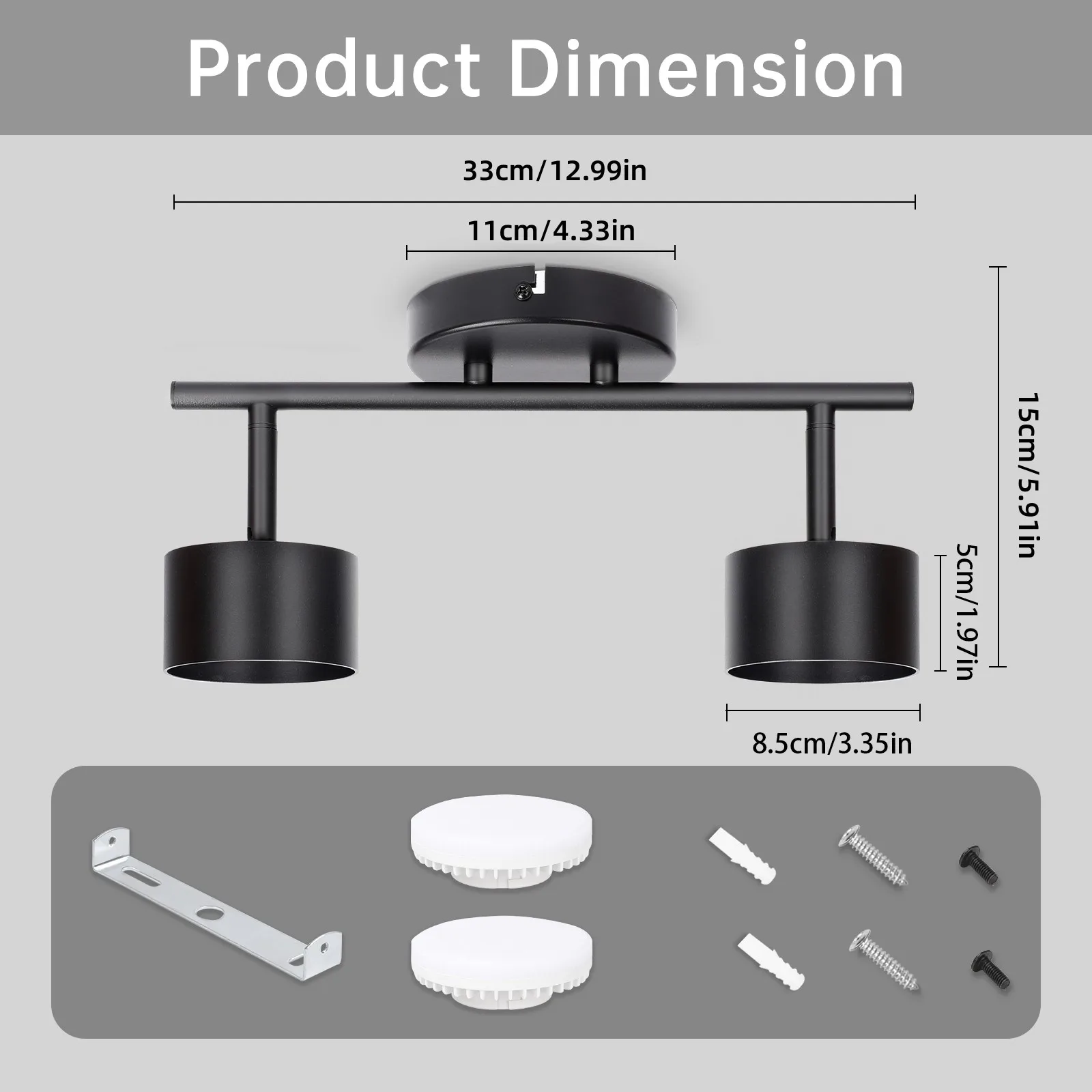 Kimjo Led Plafondspot 2 Vlam Zwart 14W Plafondlamp Gx53 Plafondschijnwerper Draaibare 350 ° Plafondlamp Modern