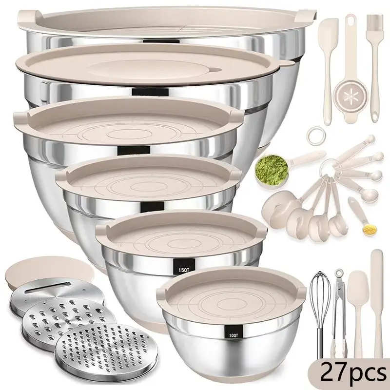 مجموعة أوعية خلط من الفولاذ المقاوم للصدأ مكونة من 27 قطعة | أساسيات المطبخ الممتازة للخلط والخدمة - مرفق مبشرة غير قابل للانزلاق، مانع للانزلاق #2