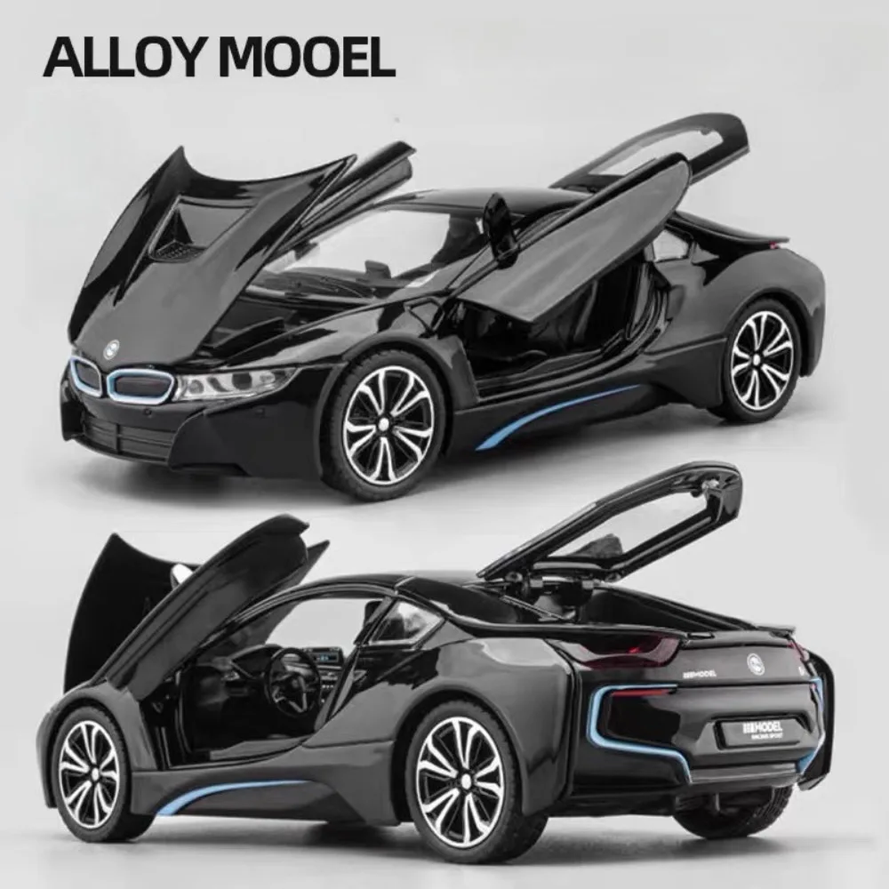1:22 I8 MC20 نموذج سيارة خارقة مصغر دييكاست سبيكة سيارات لعب الأبواب مفتوحة ضوء الصوت التراجع نماذج حلية لهدايا الأولاد