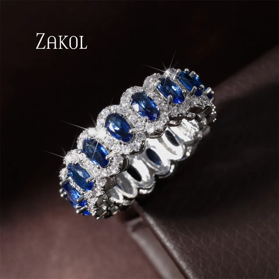 ZAKOL New Exquisite Blue Geometry Oval Cubic Zirconia Wedding Finger Rings for Women Luxury Party Jewelry Gift Best Friend