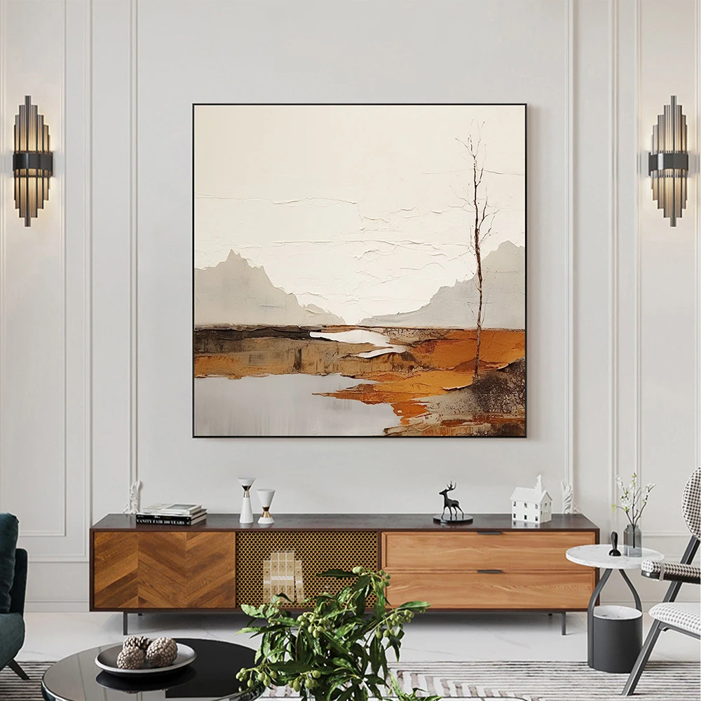 Hand Painted Oil Painting Original Mountain Oil Painting On Canvas Abstract Lake Art Neutral Beige Minimalist Living Room Decor