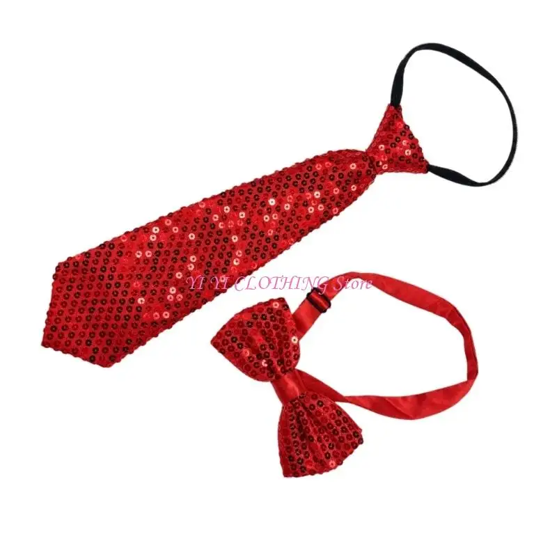 N5KF PreTied Zipper Necktie and Adjustable Sequined Bowtie Set for Stage Shows