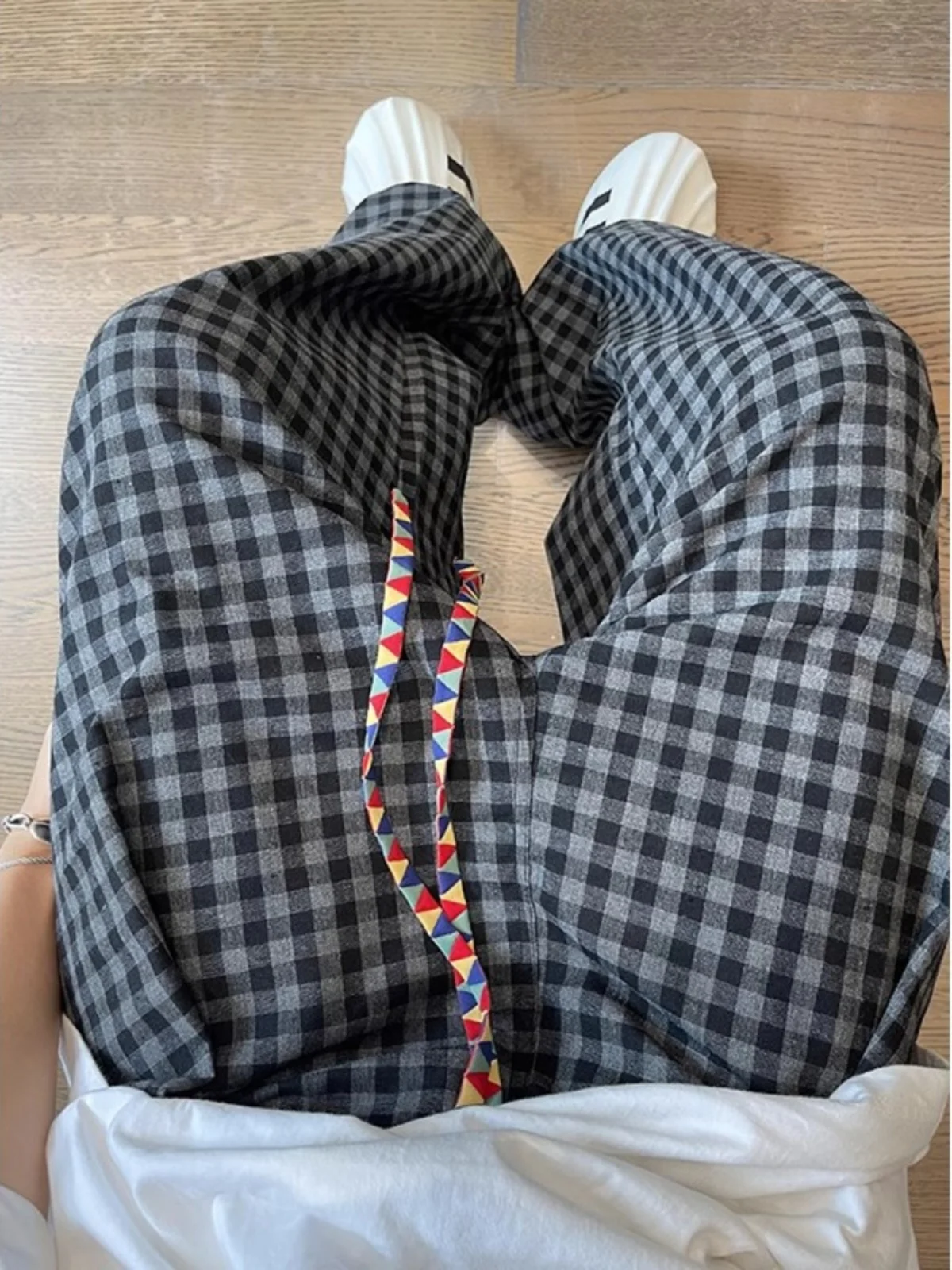 

Summer Vintage Lazy Contrast Color Weave Belt Bla ey Small id Loose Straight Casual Pants ex Long Pants Straight Leg