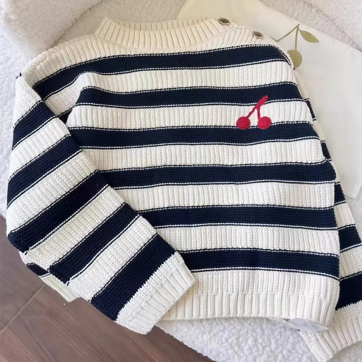 Autumn Winter Warm Kids Cotton Clothes Black White Stripe Cherry Print Children Casual Daily Outfit