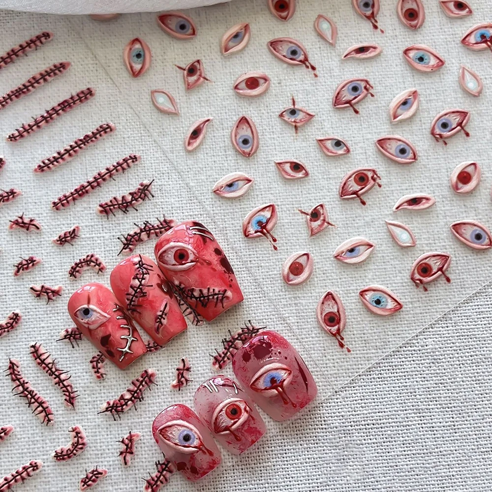 1pc 3D Embossed Horror Halloween Nail Stickers Bloody Eye, Suture Scar Design Self Adhesive Decals, Gothic Style Manicure Decors