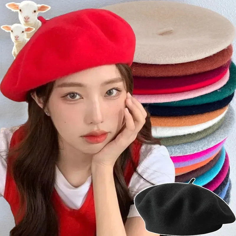Winter Vintage warme Wolle schlichte Baskenmützen für Damen Mädchen Künstler Mode lässig solide schwarz rot Beanie Hut Caps koreanische Maler Hut