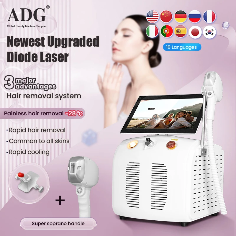 Best cooling 2800W Hair Removal Machine 755 1064 808nm Diode Laser Epilator Larger handle with nose hair gadget whole body use