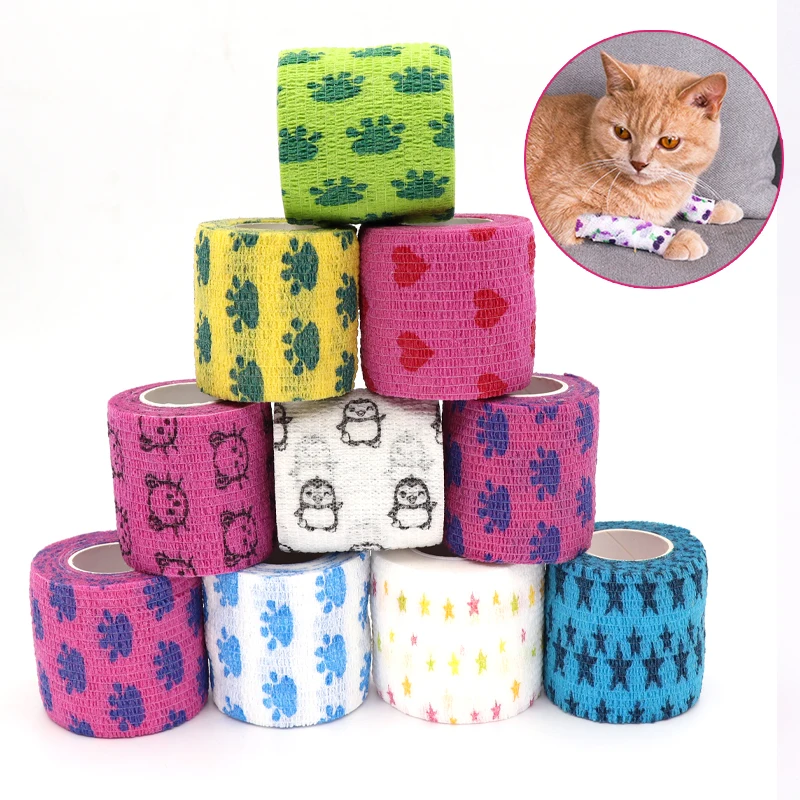 6 Pcs Pet Cat Claw Elastic Bandage Non stick Hair Printed Colorful Anti Dirty Foot Self Stick Strap for Home and Outdoor Use