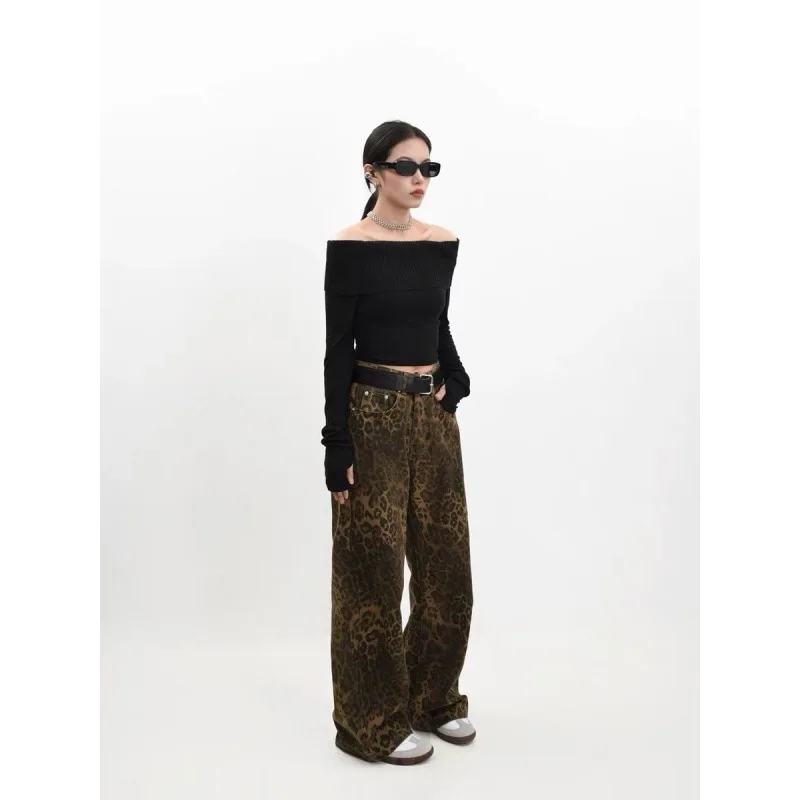 Tan Leopard Jeans Women Denim Pants Female Wide Leg Trousers Streetwear Hip Hop Vintage Clothes Loose Casual Pants