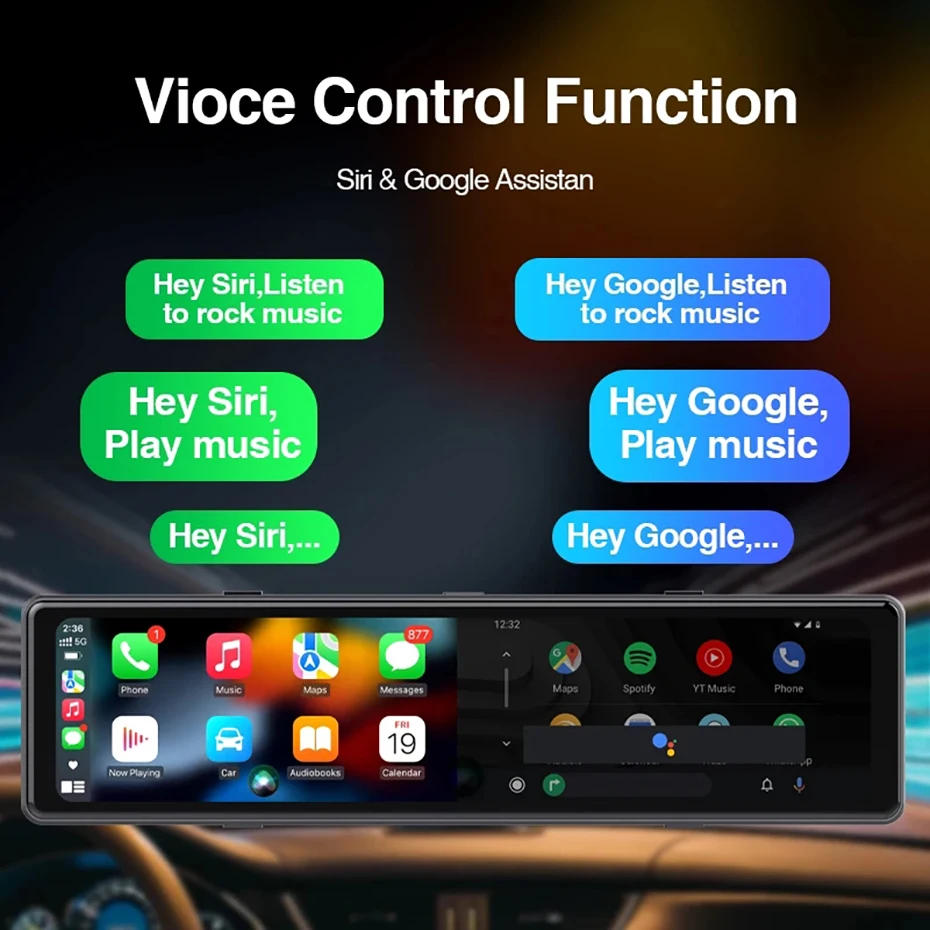 كاميرا داش 4K UHD 11.26 بوصة 3 قنوات GPS مع Apple Carplay اللاسلكية وكاميرا احتياطية للتحكم الصوتي Android رؤية ليلية بالأشعة تحت الحمراء