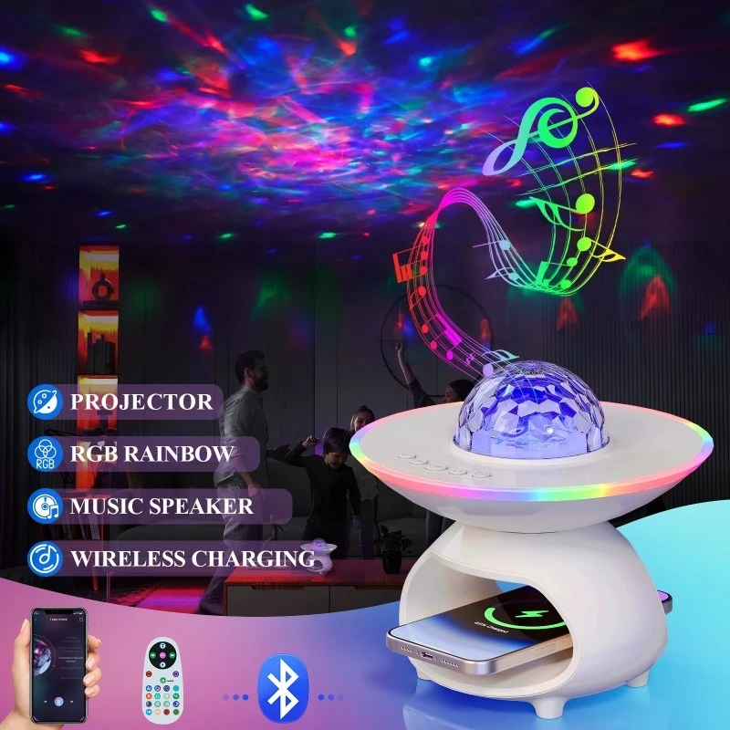

Night Lights Speaker Desk Table Lamps Starry Projector LED Music Light Flash Rhythm Timing Decor Wireless Charging RGB BT Player