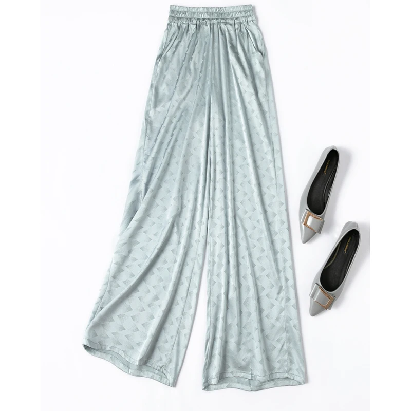 

93% тутовый шелк, 7% спандекс, 20 mamme, жаккардовый шелк, женские брюки синего цвета, широкие брюки с эластичной резинкой на талии, длинные брюки с карманами M1500