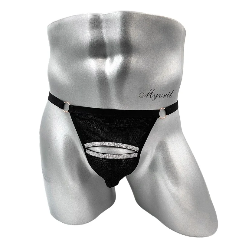 Lace T-Back Thong for Men Silver Glitter Accent U-Convex Pouch Erotic G-sting Lace Mesh G-String Adjustable Waist Rings Panties