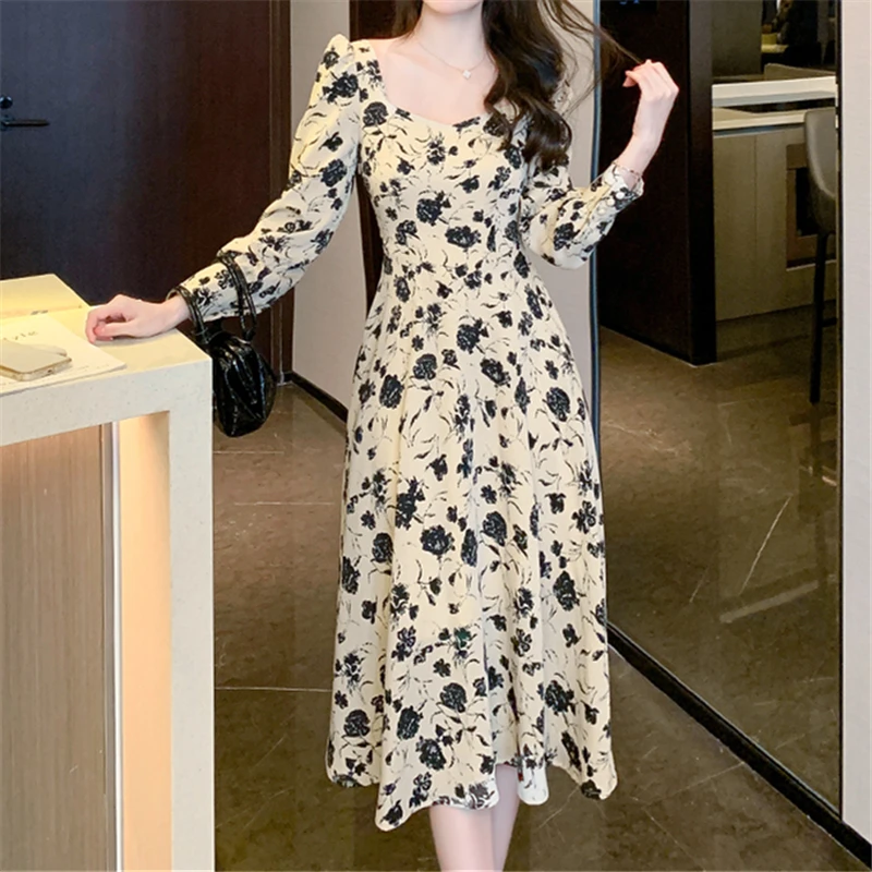 

New Long Sleeved Chiffon Women Midi Print Dress for Autumn Fashion 2023 New Casual Vintage Sweet Fairy Floral Dress Korean