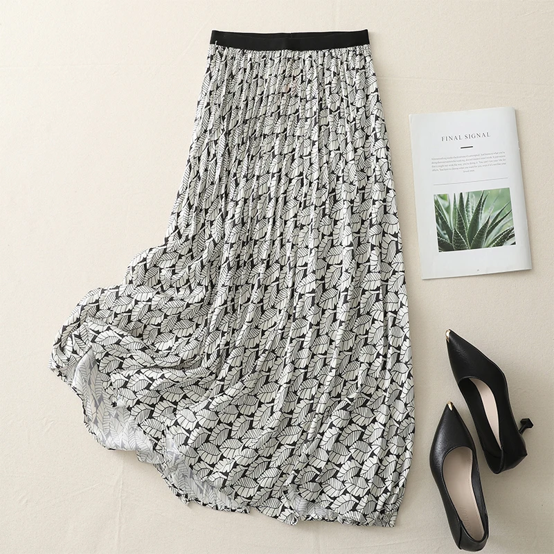

Summer Fashion Elastic Waist Print Chic Loose Casual Elegant A-line Skirts Women Vintage Office Ladies Clothing