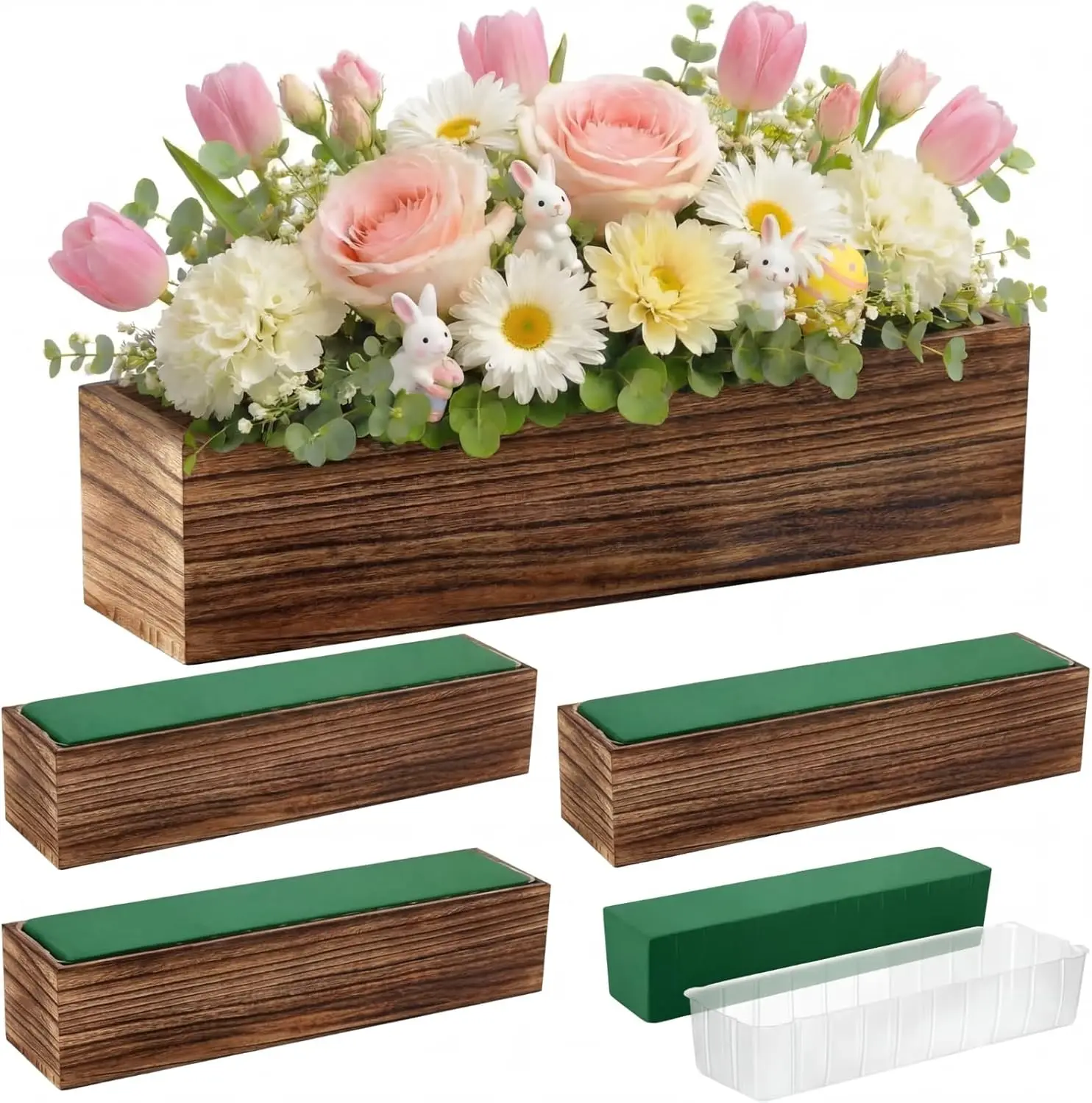

4 Set Rustic Wood Planter Boxes with Plastic Liner for Home Wedding Garden Decor