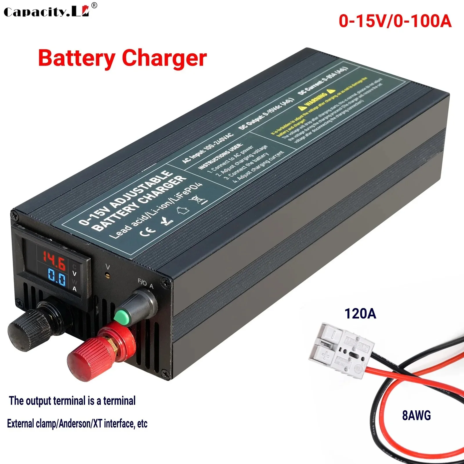 14.6V 100A LiFePO4 Battery Charger For 12V 12.8V Lifepo4 Battery High Power Charger Crocodile Clip Anderson With Fan