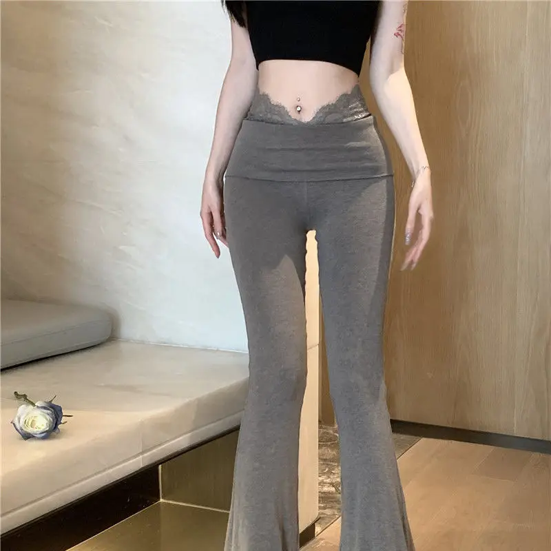 Kubiliv Ballet Lace Aesthetic Splicing High Waist Slim Slim Bell-bottom Pants Drape Micro Casual Pants Commuting