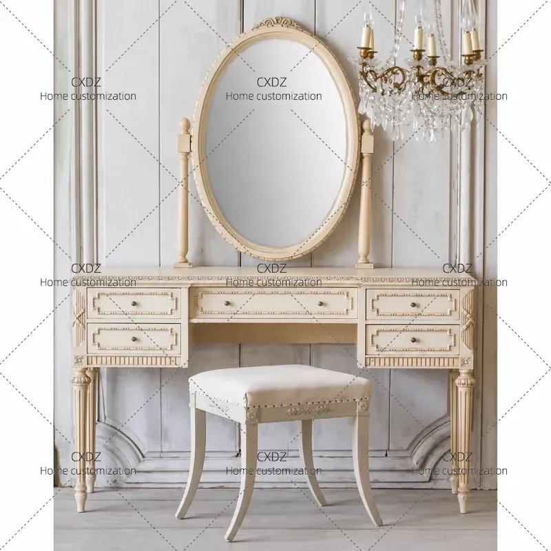 Solid Wood Carved Floral Retro Dressing Table Simple Luxury Princess Vanity Desk