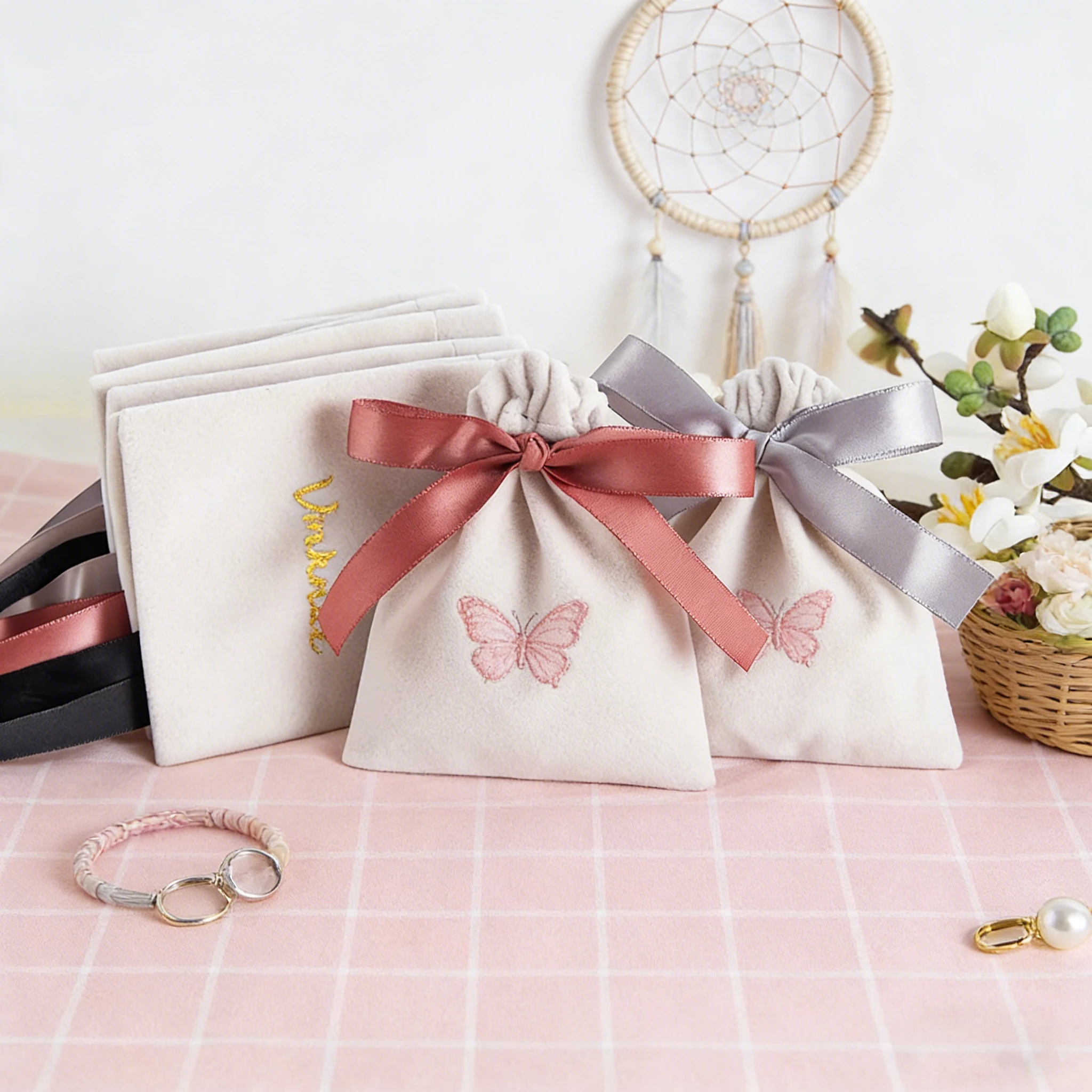 

Custom Logo Luxury Thick Beige Velvet Jewelry Pouch Plush Bracelet Earrings Storage Bag With Bow Ribbon for Gift Wedding Favor