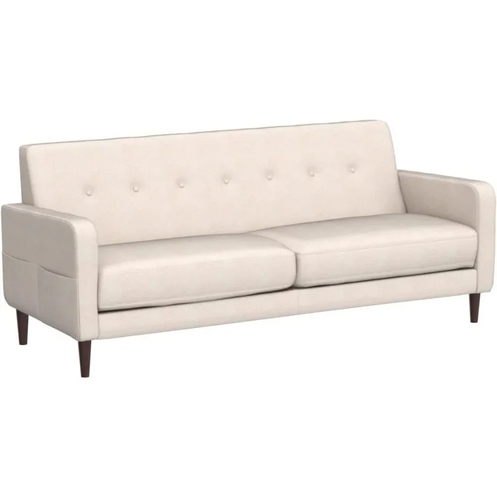 

Mid-Century Modern Loveseat with Armrest Pockets - Tufted Linen Fabric in Ivory