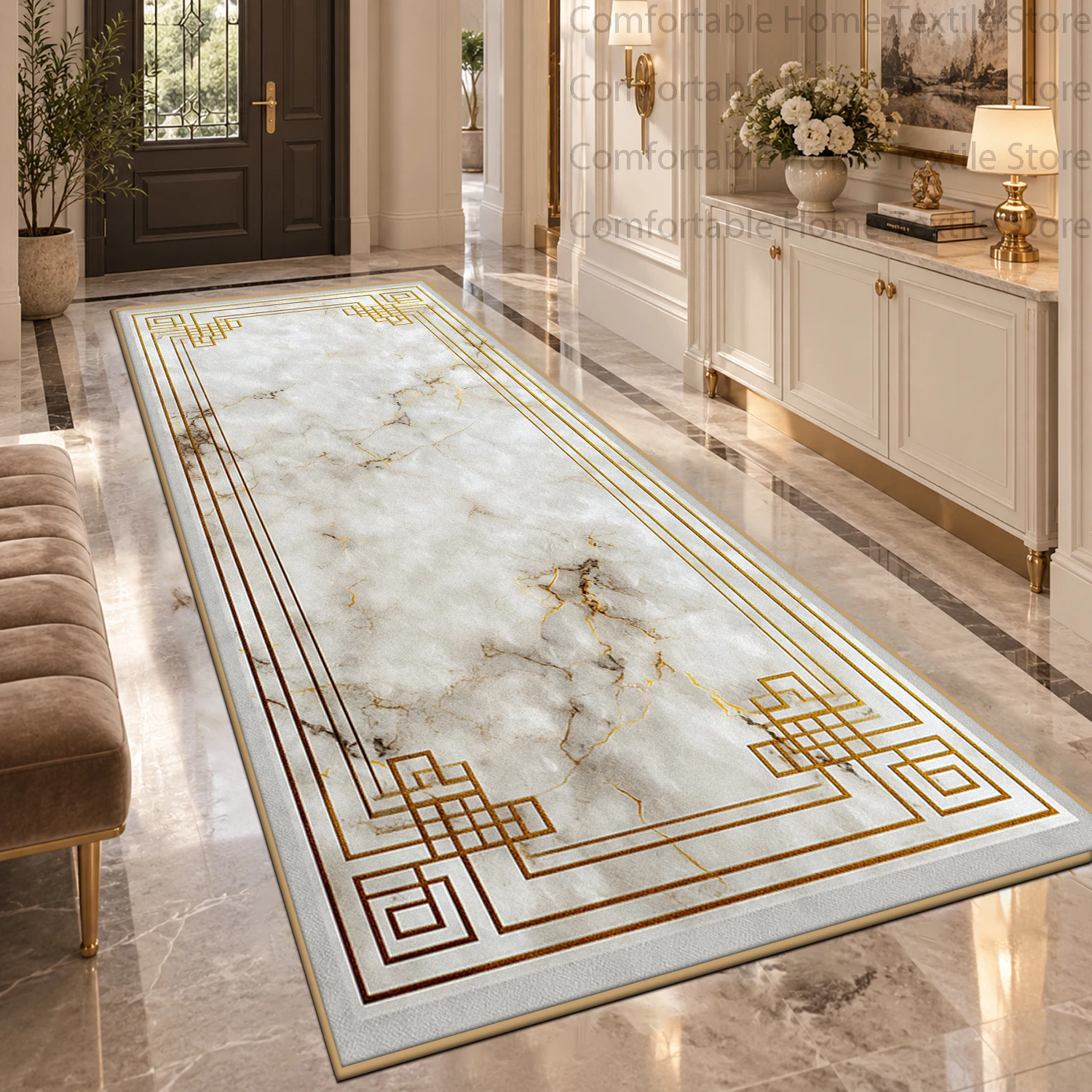 Modern Luxury Golden Line Border Entrance Long Carpet Marble Texture Non-slip Stain Resistant Hallway Runner Rug Soft Parlor Mat