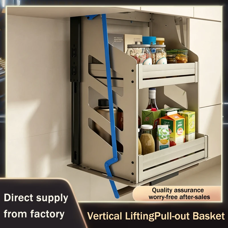 Kitchen Cabinet Drop Down Vertical Lift Up Basket Soft Close Seasoning Rack With Sturdy Steel Frame And Easy Reach Buffer