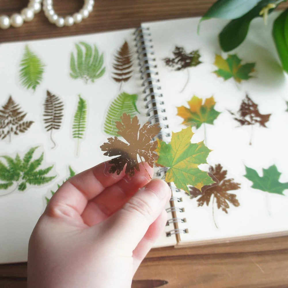 38pcs Green Gold Leaves Maple Fern Leaf Eucalyptus Style PVC Sticker Scrapbooking DIY Gift Packing Label Decoration Tag