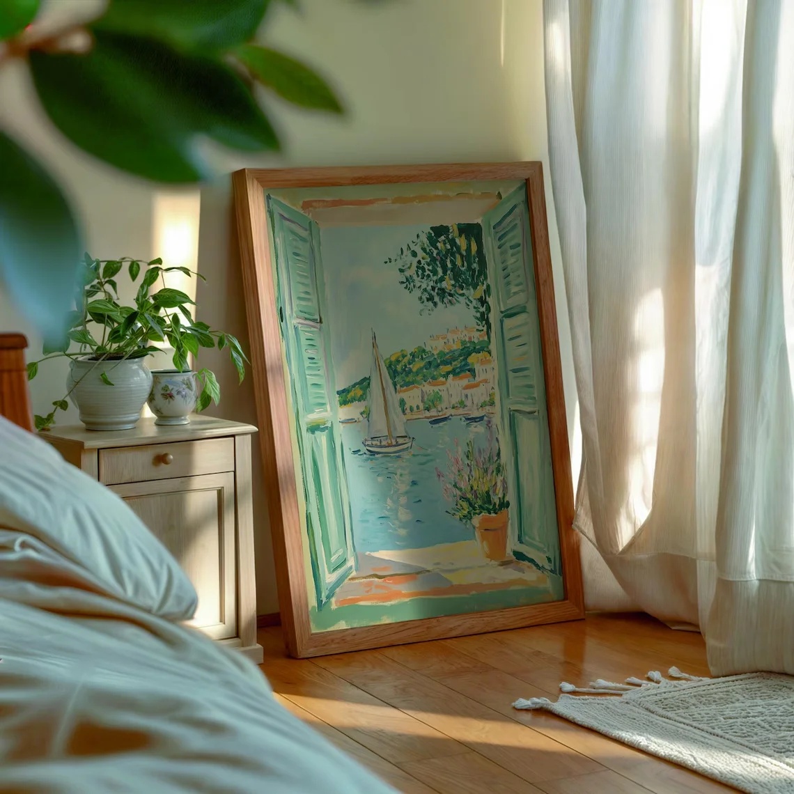 Vibrant Coastal Window Wall Print Decor - Impressionist Painting of a Turquoise-Shuttered Window Overlooking a Sunlit Mediterran