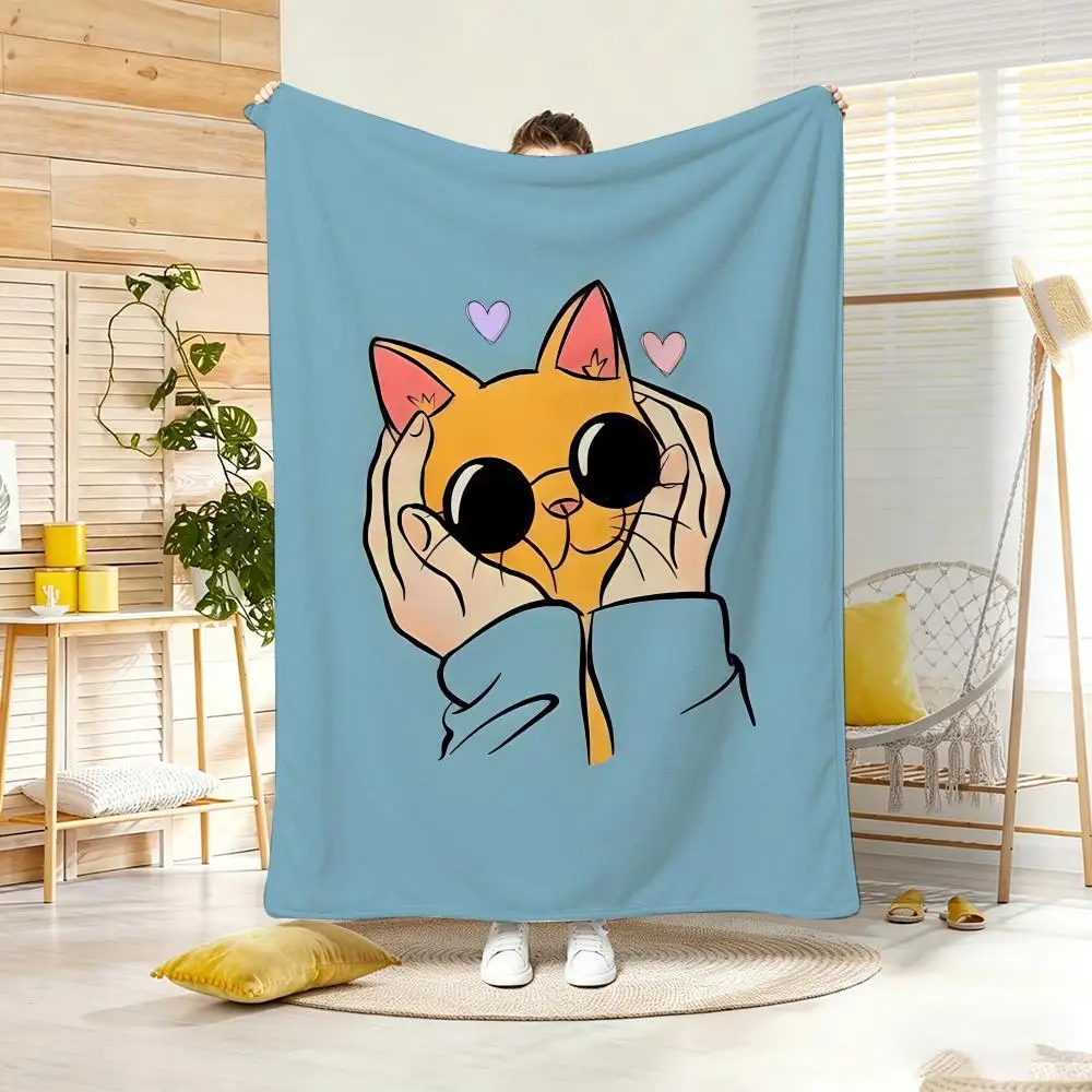 Cartoon H-Hands Cupping Cat Cheeks Throw Lightweight 240g Flannel Blanket Soft Skin-friendly for Summer Cooling