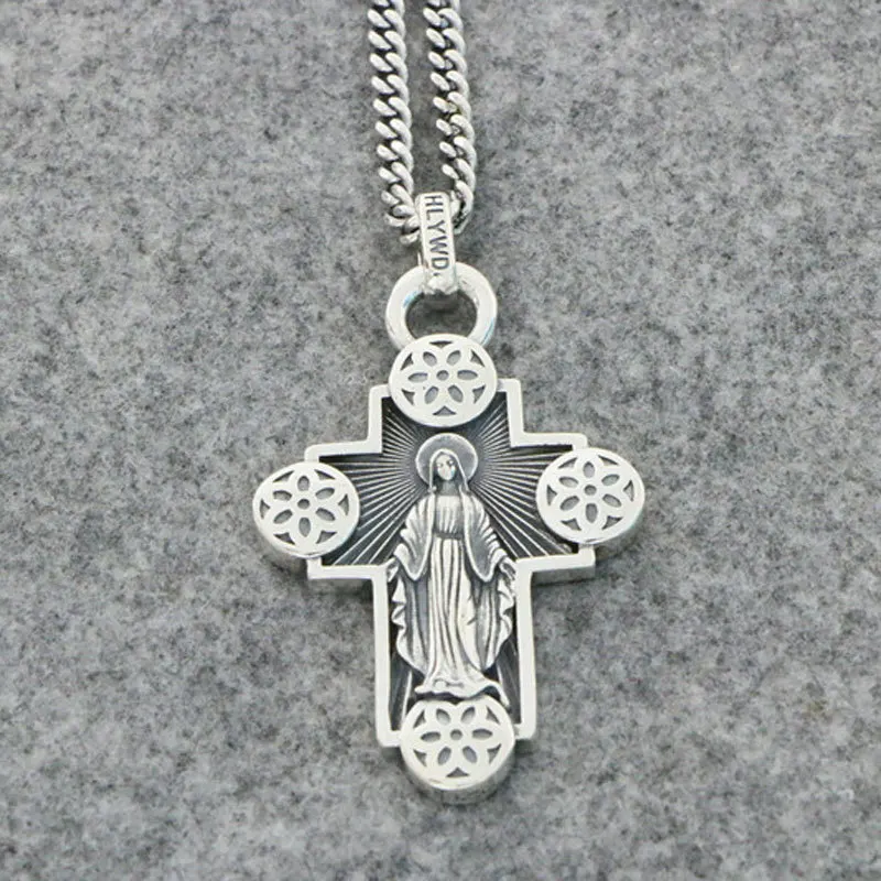 

S925 Sterling Silver Jewelry Men's and Women's Personality Cherry Cross Pendant Thai Silver Vintage Virgin Mary Chain Pendant