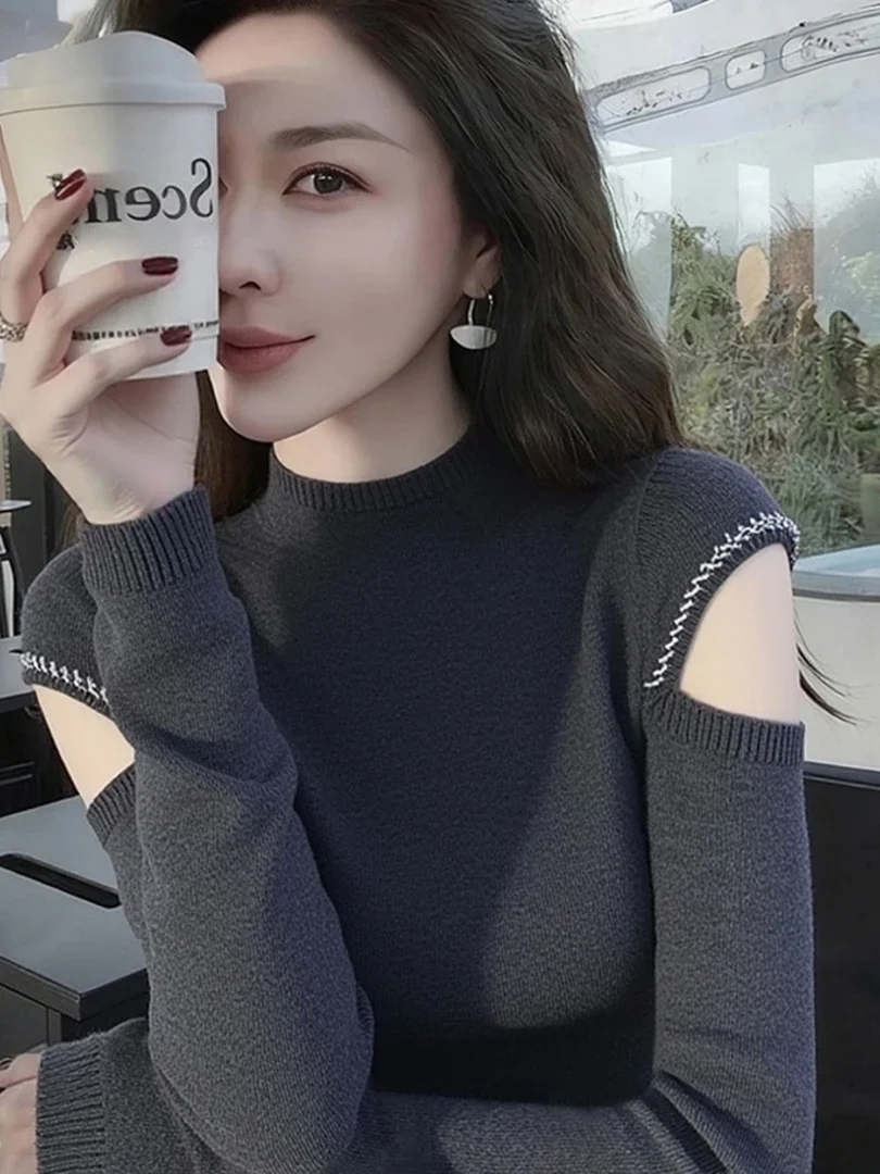 

Корейский свободный женский свитер на раннюю осень, новый дизайн, маленький размер, повседневный вязаный топ, дышащий, с длинными рукавами, круглый вырез