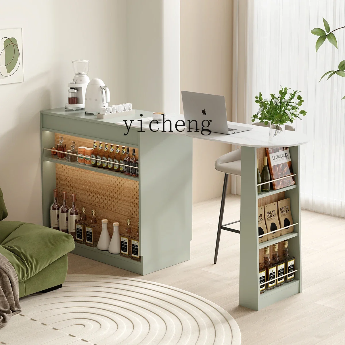 طاولة بار أمريكية مدمجة قابلة للسحب على شكل جزيرة تايبي وخزانة جانبية أوروبية وطاولة طعام خضراء
