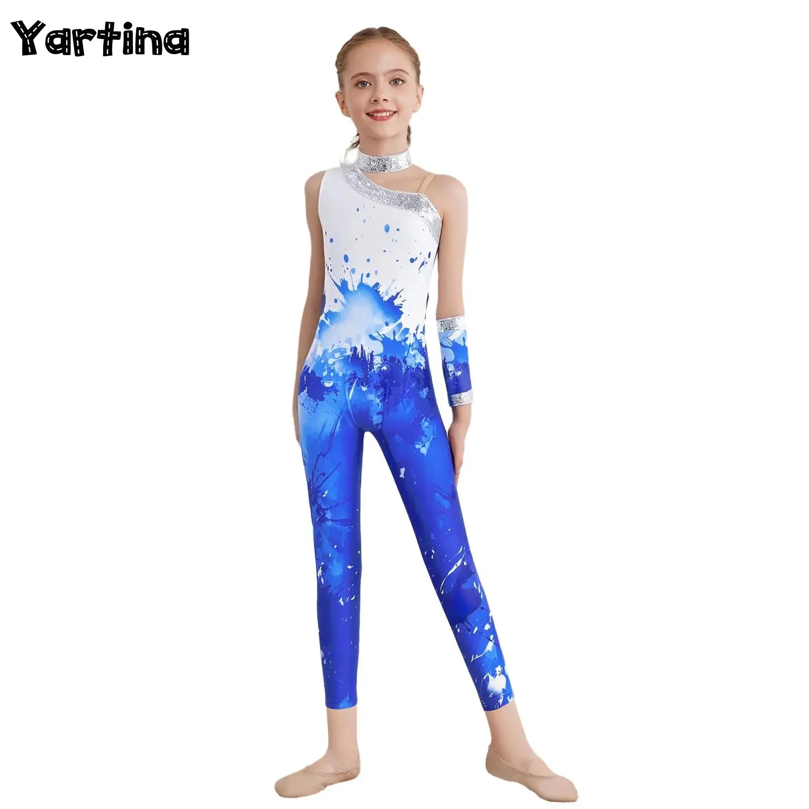 Kids Girls Gymnastics Artistic Figure Skating Ballet Dance Performance Costume Shiny Sequins Printed Leotard Unitards Jumpsuit