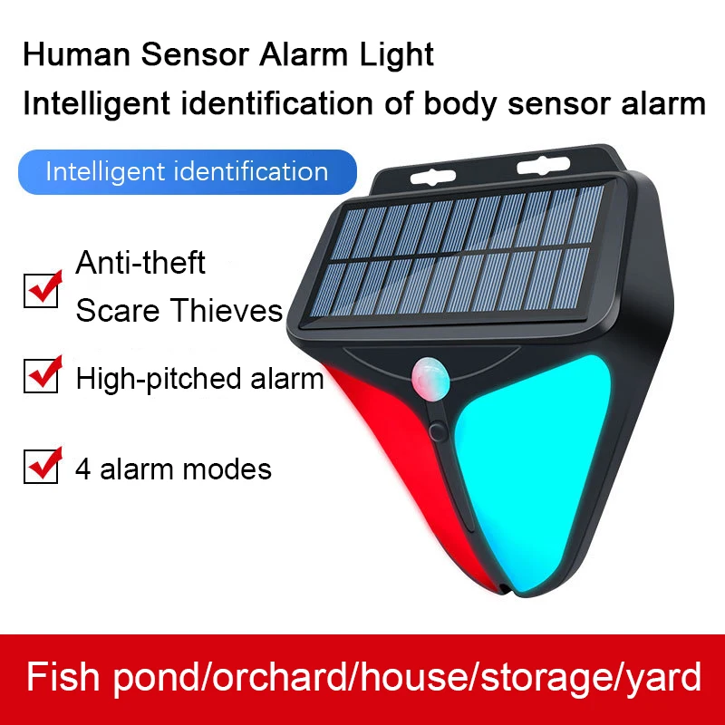 Luces de alarma solares para exteriores, sistema de seguridad de 4 modos, detección de cuerpo humano, sonido y luz de advertencia para pared, jardín