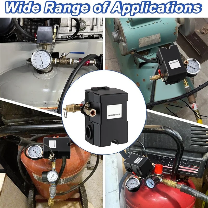 ضاغط هواء ABIY 135-175 مفتاح ضغط 4 منافذ 20 أمبير مع صمام تخفيف أمان 200 رطل لكل بوصة مربعة، استبدال مفتاح ضغط NPT 1/4 بوصة