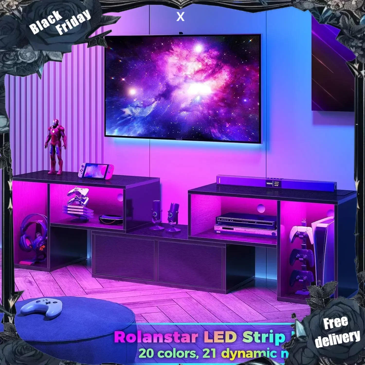 Rolanstar TV Stand, Deformable TV Stand with Power Outlets & LED Strip, Modern Entertainment Cent