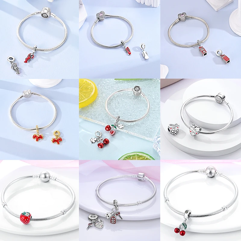 Charms aus 925 Sterling Silber, Rote Farbserie, Roter Elefant, Tier- und Fruchtperlen, Original, Passend für Damen, Jubiläums-Schmuckanhänger – Detail 24