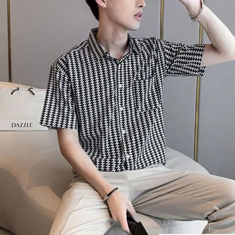 Business Casual Striped Printed Shirts Men's Clothing Turn-down Collar Summer Fashion Pockets Spliced Loose Short Sleeve Shirts