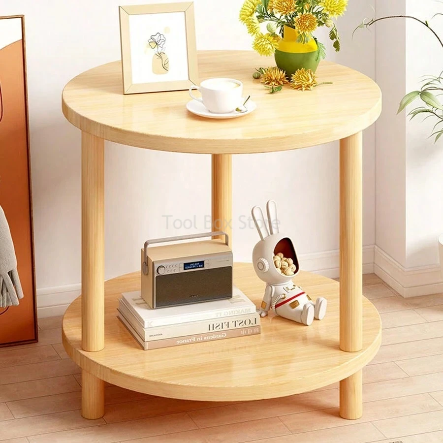 Wooden Round Bedside Table Simple Modern 2-Layer Sofa Side Table Nightstand Cabinet Home Living Room Small Table Tea Table