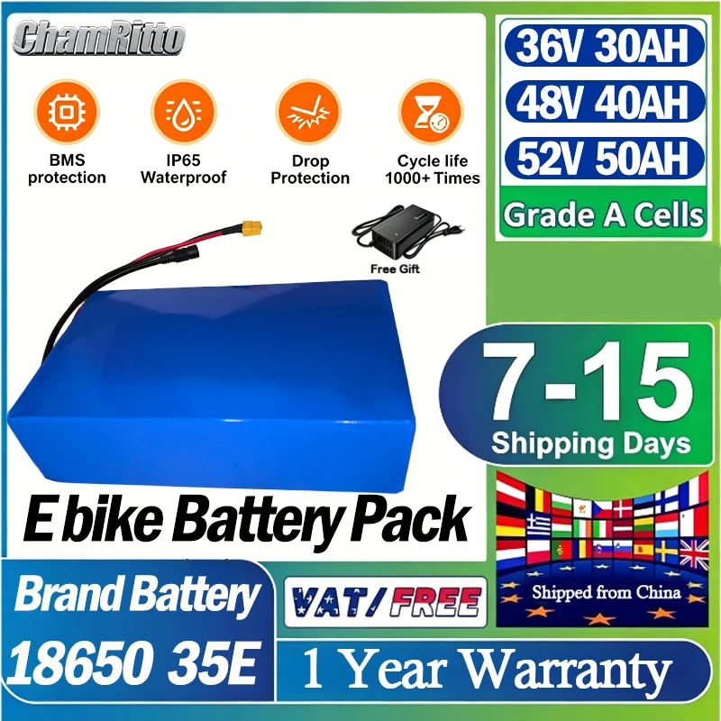 

36V 48V 52V 25ah 28ah 35ah 50ah 18650 Lithium Battery 60A BMS Battery pack for 48V 250W-2000W Electric Bike EBicycle, E-Scooter