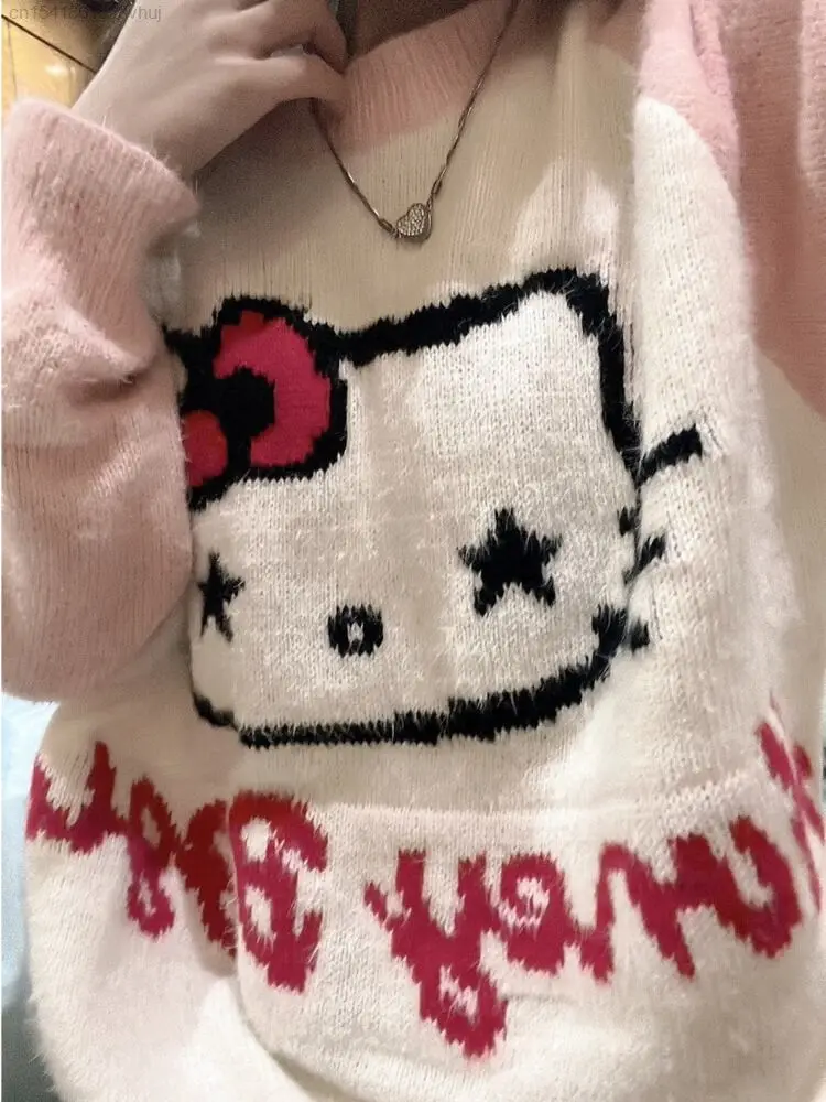 Sanrio Hello Kitty Kawaii Anime Sweater Lolita 2000s Girls Winter Cute Cartoon Korean Style Knitted Top Youthful Woman Clothes