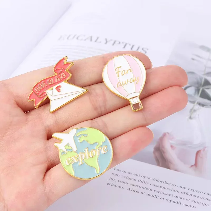 Custom Sweet Travel Enamel Pins Plane Postcard Hot Air Balloon Suitcase Brooches Backpack Lapel Badges Jewelry Gift for Friends