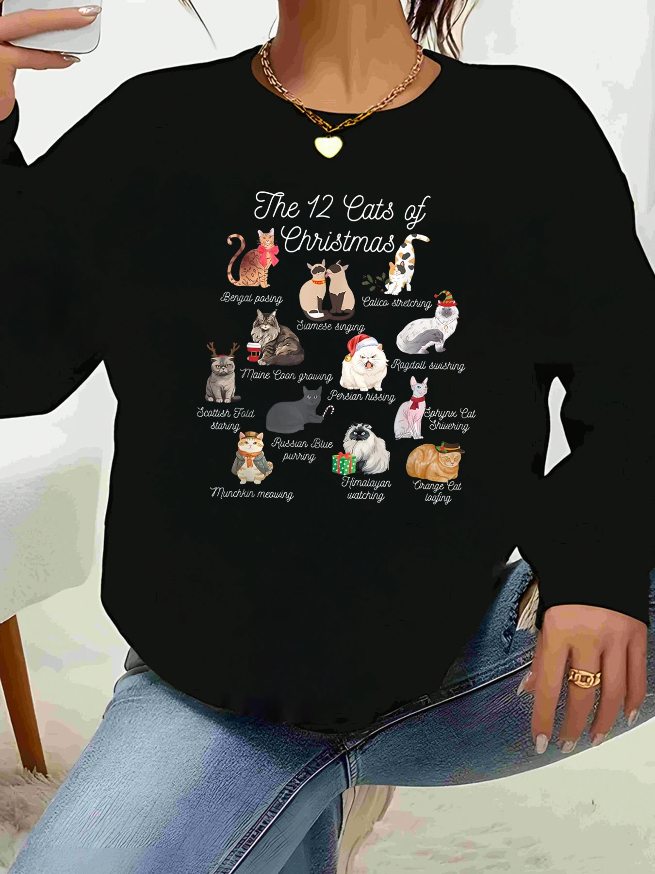 

12-кошачий рождественский свитер с длинными рукавами и принтом, праздничная повседневная одежда для женщин